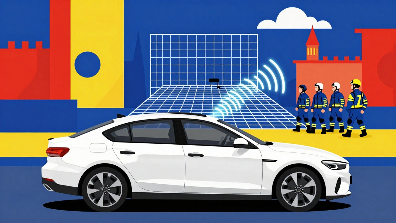 Auto che invia dati di incidente automaticamente a un centro di soccorso, con segnale ECall, stile De Stijl.