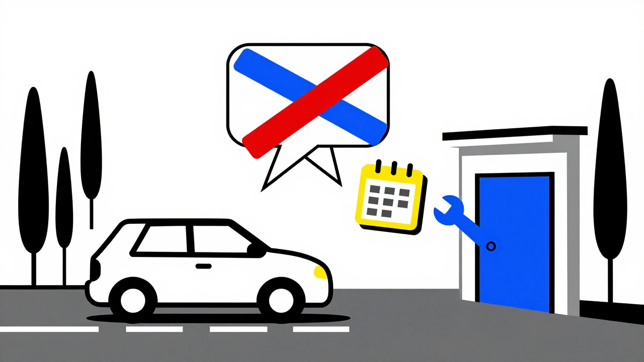 Auto che invia un messaggio digitale a un garage con icone di appuntamento e ricambio in stile geometrico.