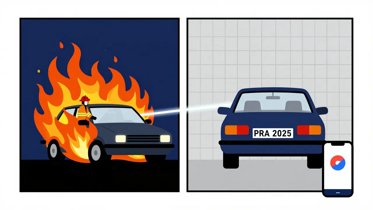 Auto distrutta e sistema PRA digitale collegati da una linea luminosa.