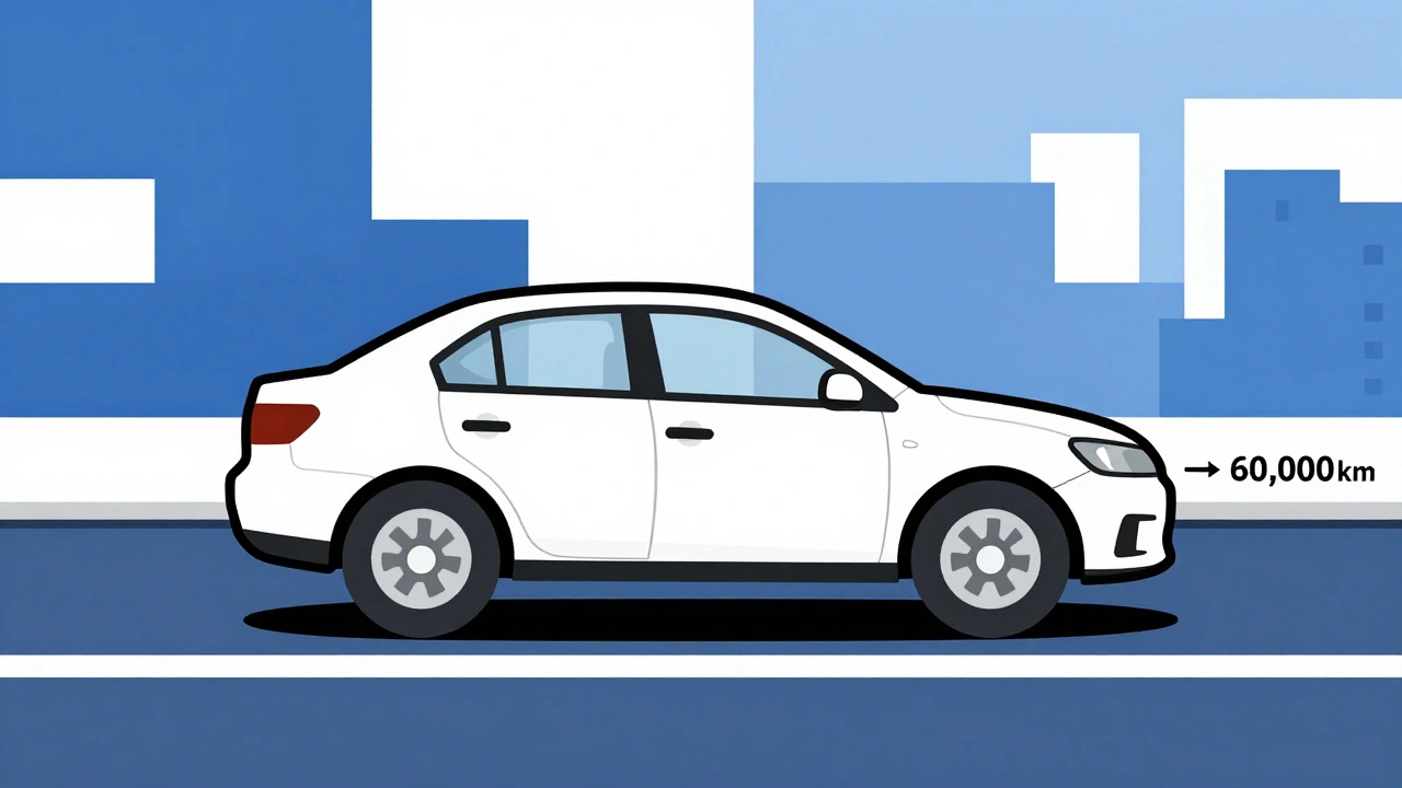 Auto sull&#039;autostrada con pneumatici usati uniformemente, accompagnata da linee blu e bianche che suggeriscono velocità costante.