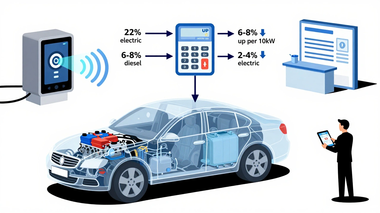 Auto trasparente con componenti etichettate e frecce che indicano aumenti e riduzioni del premio assicurativo, stile De Stijl astratto.