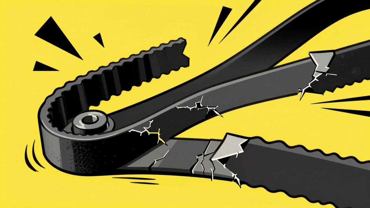 Cinghia logora con crepe e sfilacciature rappresentata in forme geometriche nere e grigie