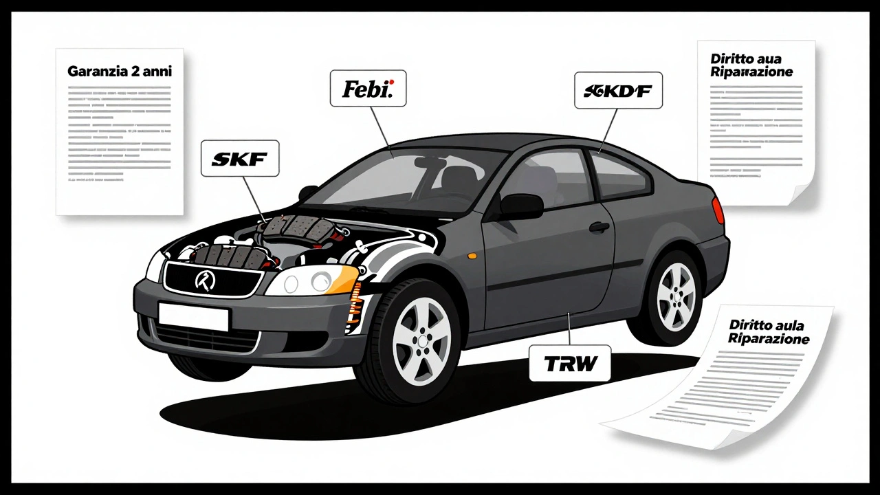 Componenti auto sospesi con marchi certificati e testi legali in stile De Stijl, sfondo bianco.