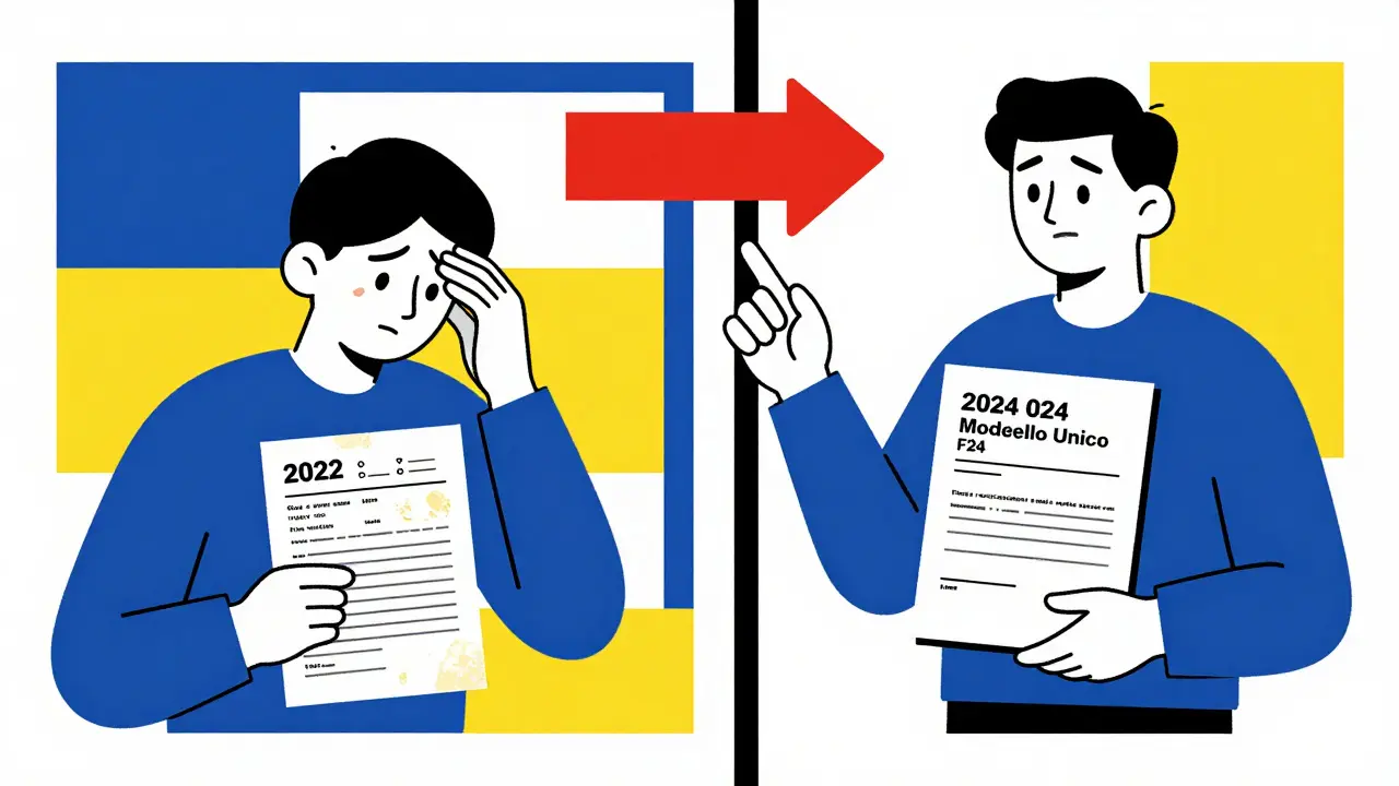 Confronto tra documenti obsoleti e aggiornati per autonomi, divisi da una linea nera in stile De Stijl.