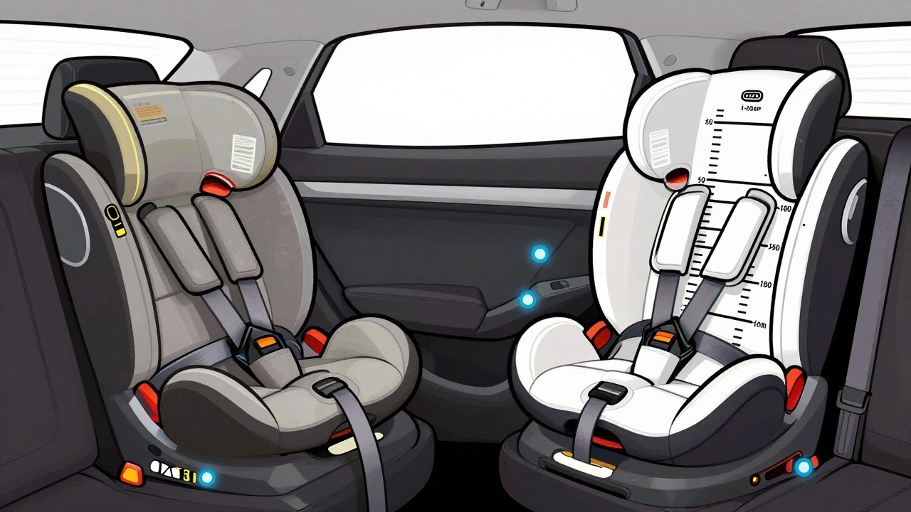 Confronto tra seggiolino obsoleto R44/04 e moderno i-Size, con marcatori di altezza e connettori Isofix.