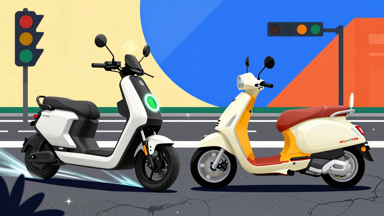 Confronto tra uno scooter elettrico e uno termico con simboli di energia e meccanica in stile De Stijl.