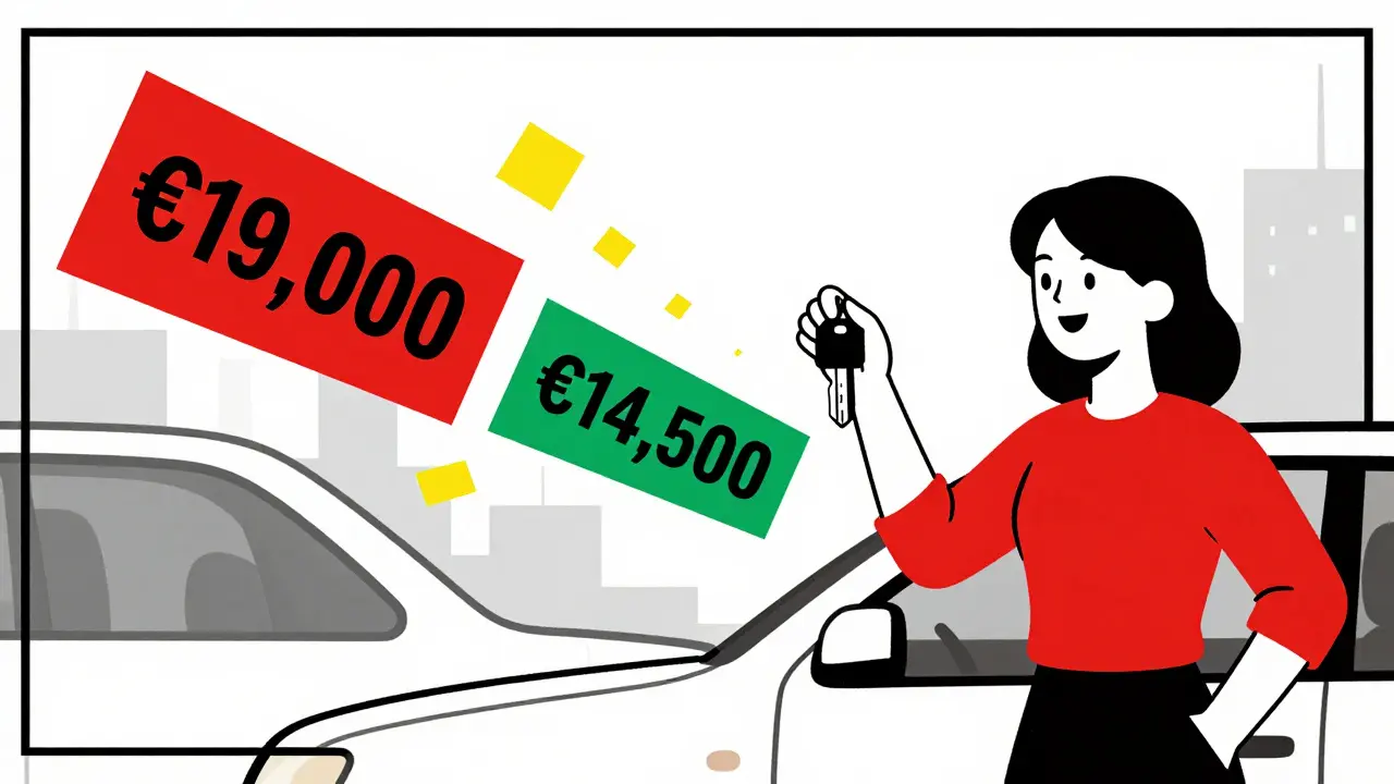 Donna con chiavi dell'auto e debito ridotto rappresentato da forme geometriche