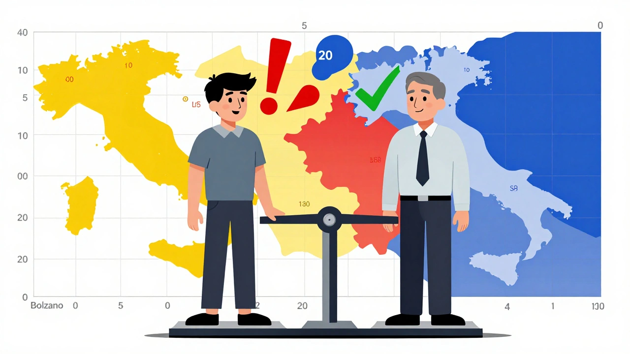 Due guidatori stilizzati su una bilancia: uno giovane con costo alto, uno maturo con costo basso, sfondo con province italiane a colori primari.