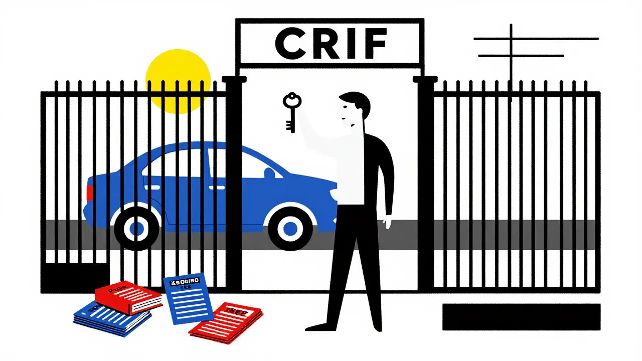 Figura umana con chiave 'Garante' davanti a un cancello CRIF, auto in lontananza, stile De Stijl geometrico.