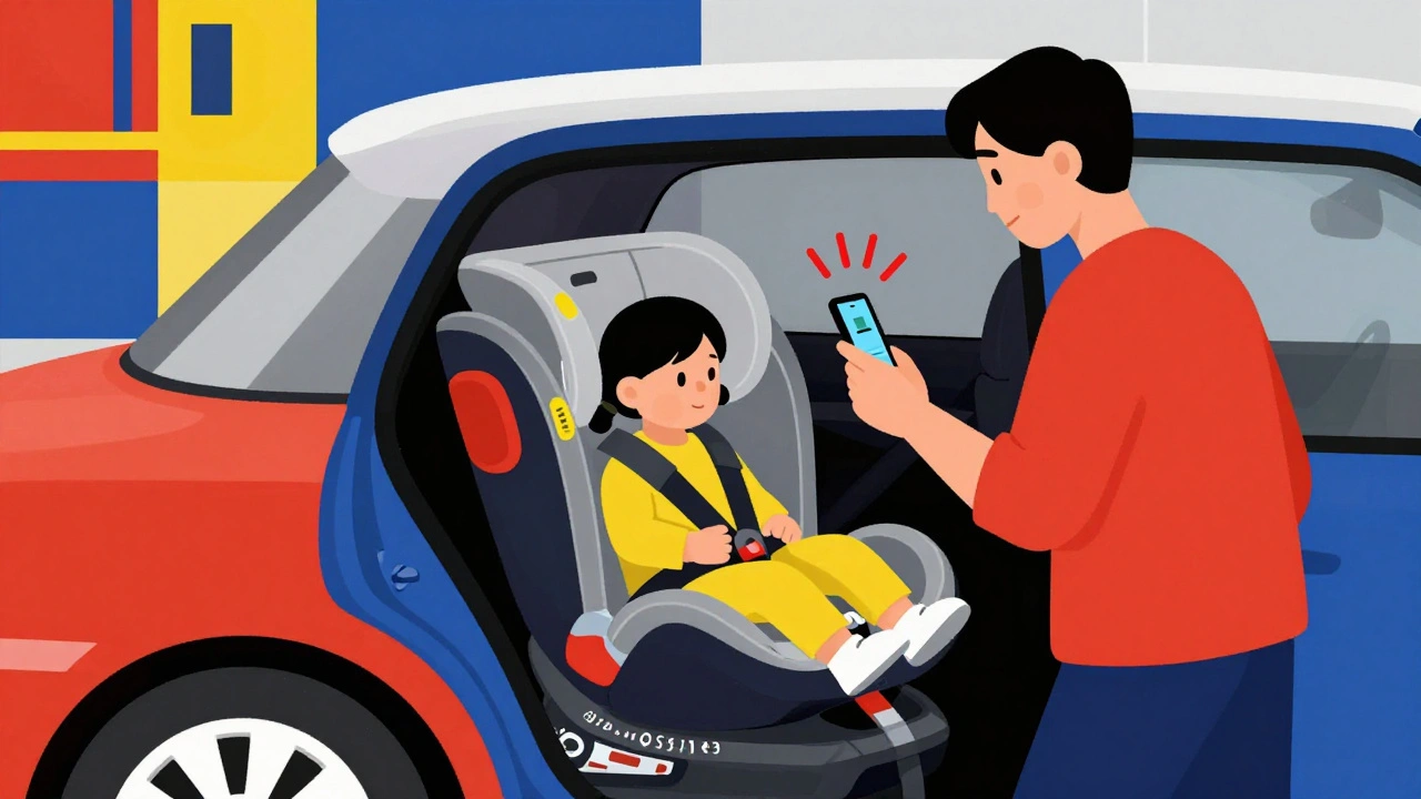 Genitore che lascia l&#039;auto mentre il dispositivo anti-abbandono avvisa con allarme sonoro e notifica sul cellulare.