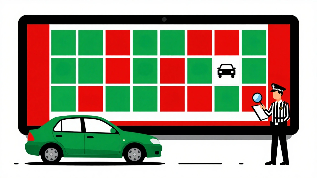 Guidatore davanti a schermo con veicoli assicurati, poliziotto controlla documenti in stile De Stijl.