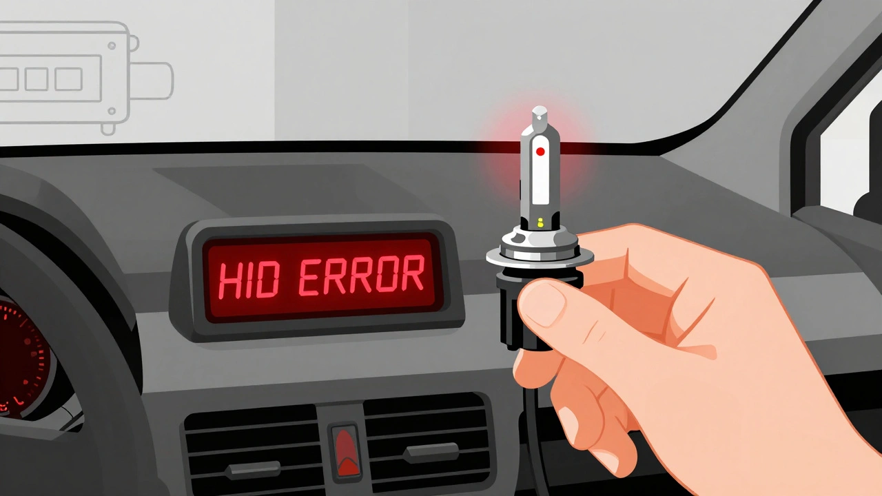 Lampadina Xenon accanto a una batteria scollegata, con avviso di errore sul cruscotto.