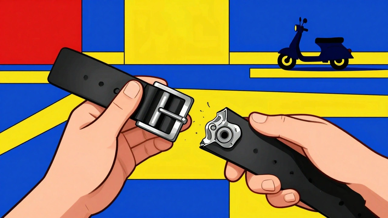 Mani che tengono una cinghia nuova accanto a una rotta, in stile De Stijl con colori primari