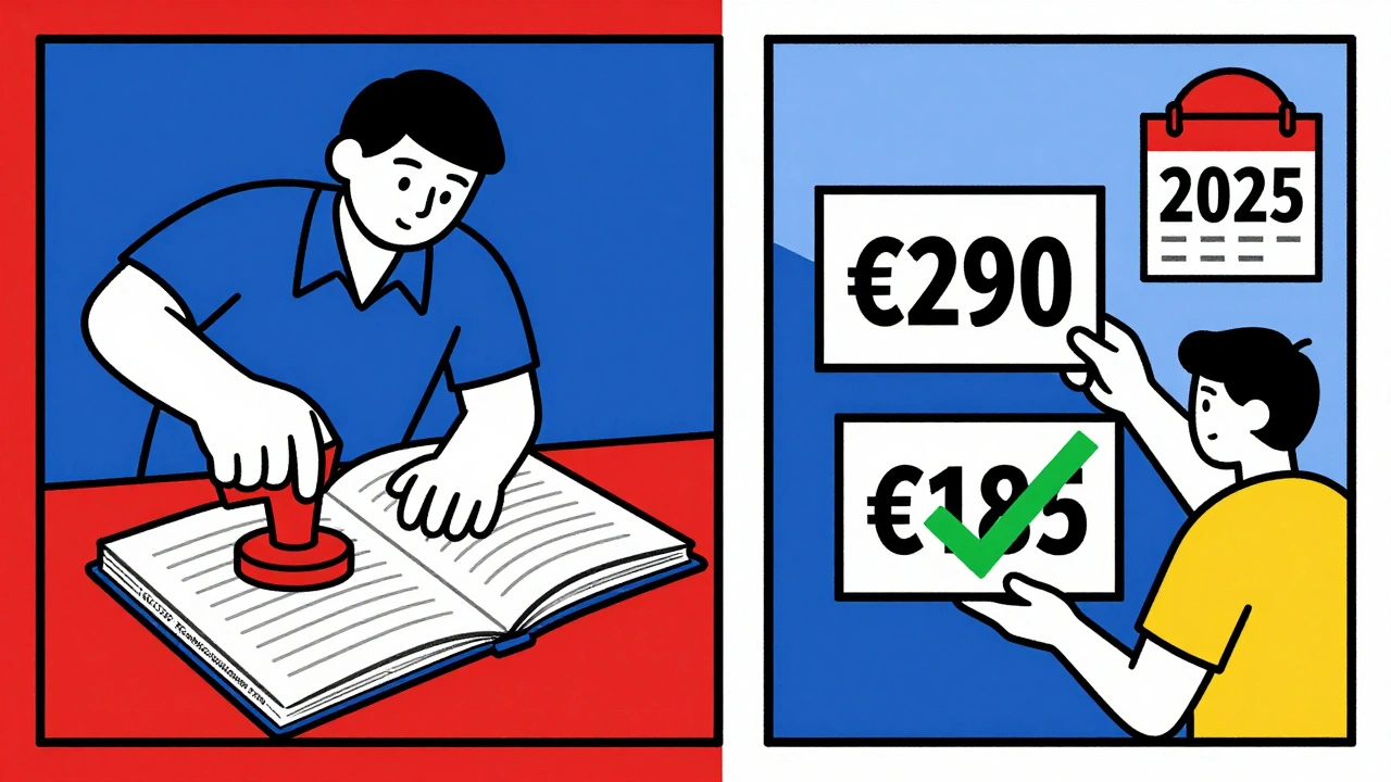 Meccanico timbra libretto manutenzione, confronto prezzi €290 vs €185 in stile geometrico.