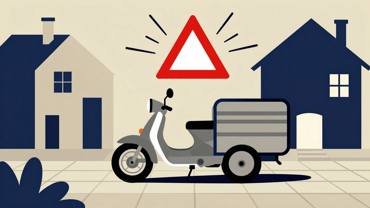 Moto e rimorchio parcheggiati in cortile con triangolo rosso che indica responsabilità legale.