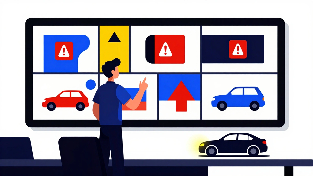Tecnico che osserva una dashboard digitale con avvisi predittivi in forme astratte colorate.