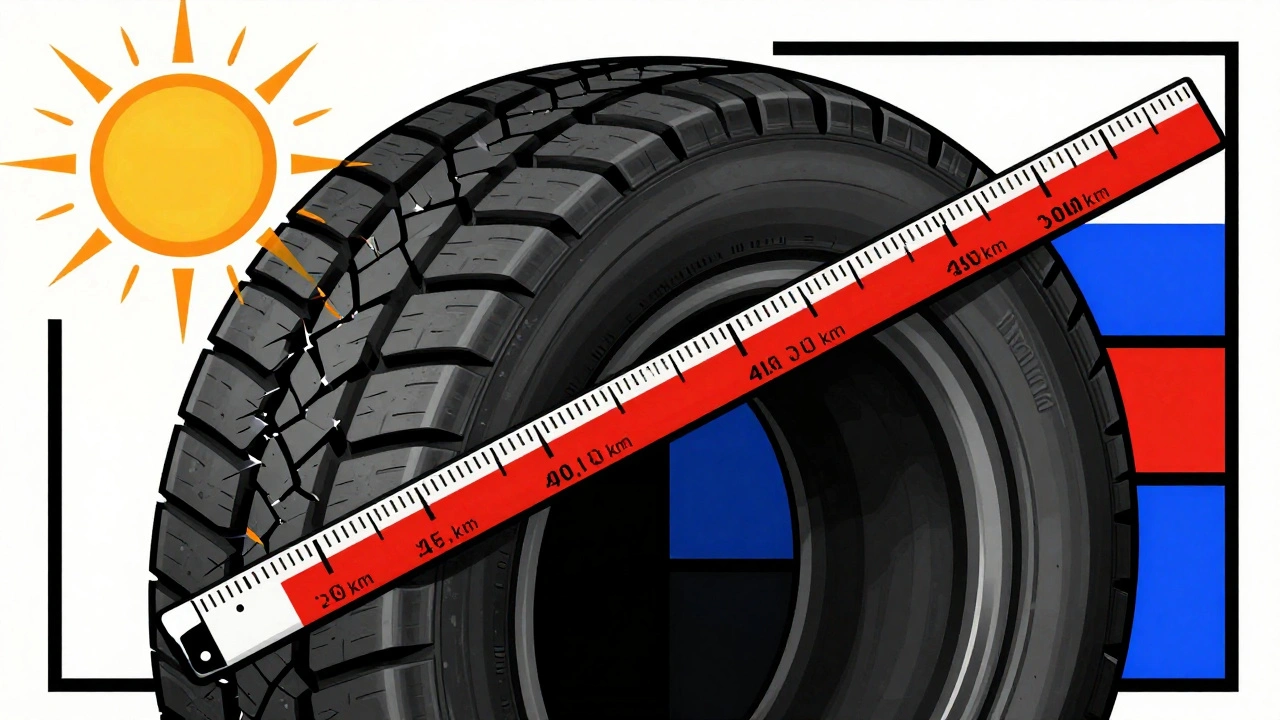 Treno di pneumatici diviso in due: invernali consumati rapidamente a destra, estivi duraturi a sinistra, con una scala di chilometri in stile De Stijl.