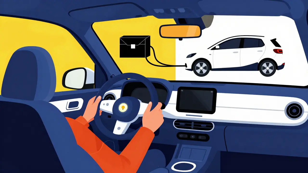 Auto intelligente del 2025 riconosce automaticamente il conducente attraverso sedile e volante, in stile geometrico.