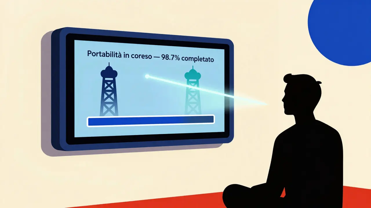 Barra di progresso della portabilità del numero su uno schermo astratto, stile De Stijl.