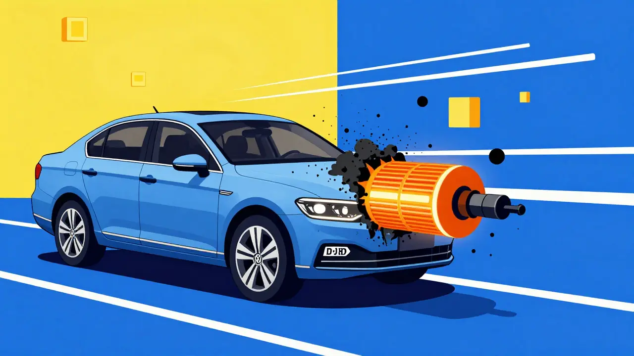 Berlina diesel con filtro antiparticolato intasato di fuliggine, circondata da forme geometriche urbane e autostradali.