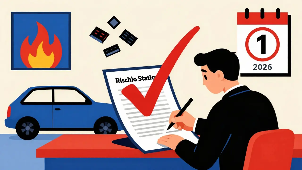 Collezionista che firma un documento per l'esenzione assicurativa, con icone geometriche di incendio e tetto crollato.