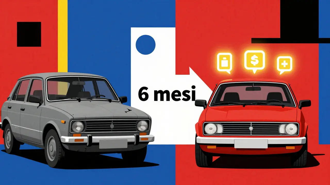 Confronto tra auto trascurata e auto ben mantenuta, con icone colorate e linee geometriche in stile De Stijl.