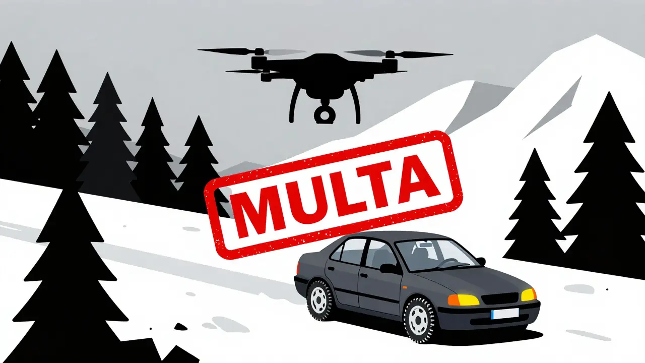 Drone sorvola auto con gomme non conformi in montagna, multa simbolica, stile De Stijl