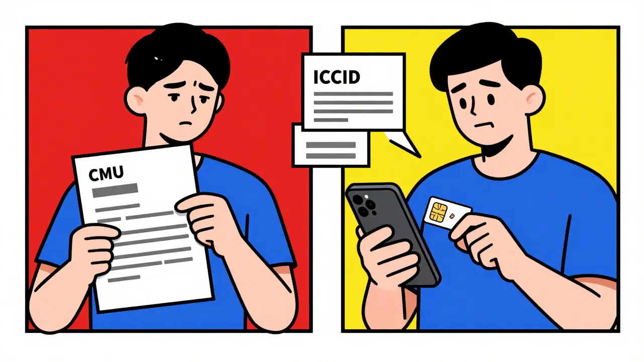 Errore nel codice CMU a sinistra, nuova SIM corretta a destra, stile De Stijl.