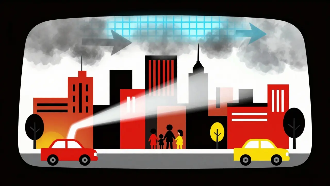 Filtro che filtra lo smog cittadino mentre una famiglia respira aria pulita, rappresentato in forme geometriche primarie.