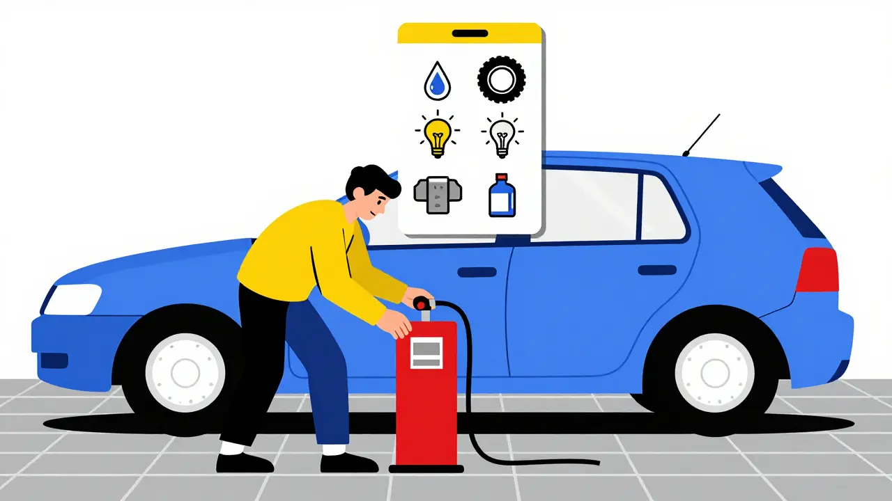 Guidatore che controlla la pressione delle gomme con una pompa, mentre icone di manutenzione fluttuano sopra l'auto.