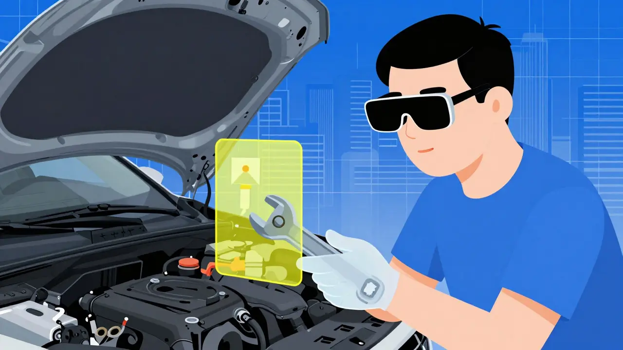 Guidatore con occhiali AR che vede istruzioni di riparazione sovrapposte al motore dell'auto.