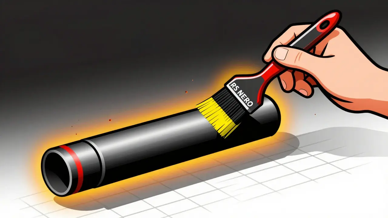 Mano che applica un rivestimento protettivo nero su un tubo di scarico con calore rappresentato a tratteggi.