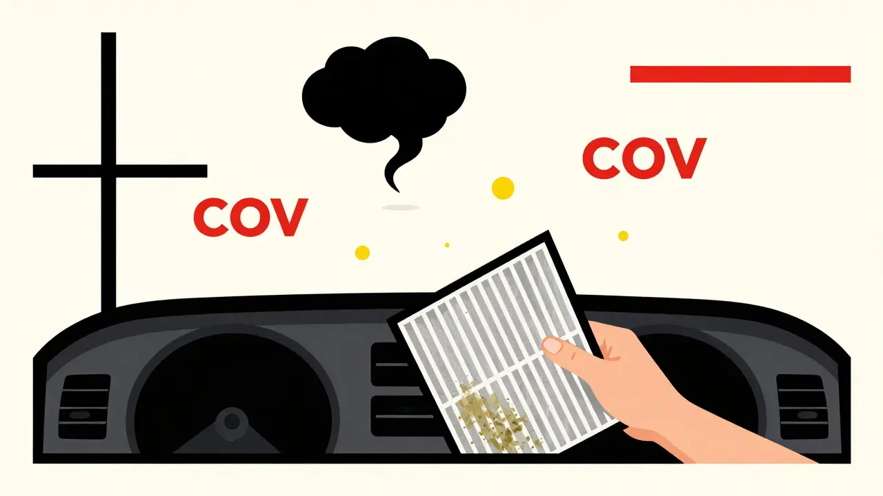 Mano che estrae un filtro abitacolo vecchio dal pannello del guanto, con simboli di inquinamento fluttuanti in stile De Stijl.