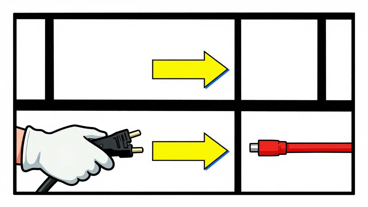 Mano che stacca i cavi della batteria in sequenza sicura, stile De Stijl