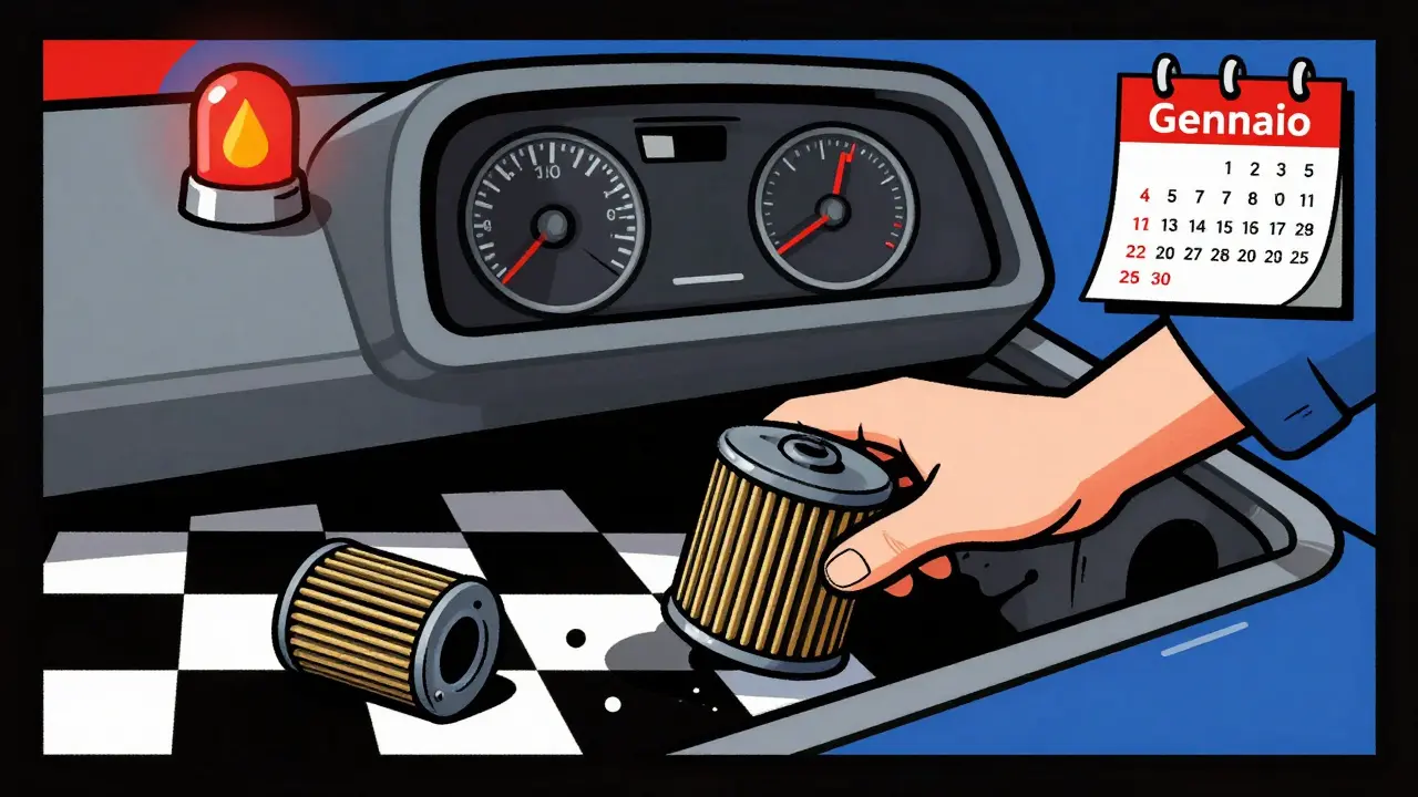 Meccanico che cambia il filtro dell'olio, filtro vecchio abbandonato, spia di avvertimento rossa.