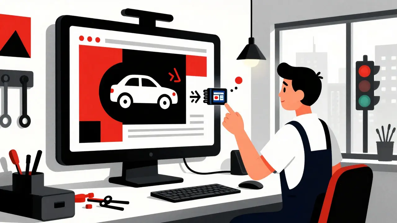 Meccanico che osserva un diagramma diagnostico astratto su uno schermo a parete in stile De Stijl.