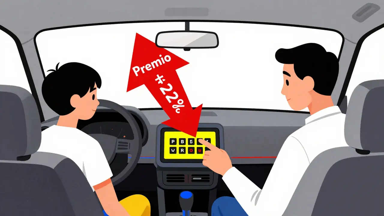 Padre inserisce un codice PIN, figlio no: il premio assicurativo aumenta con una freccia rossa in stile De Stijl.