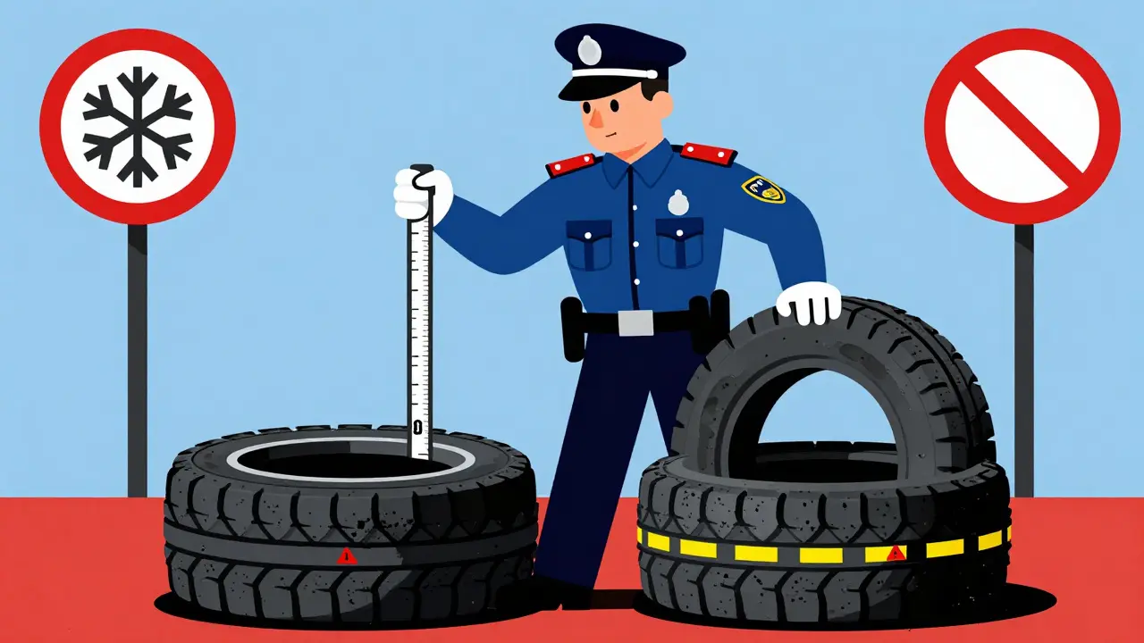 Poliziotto misura il battistrada di un pneumatico, indicatori di usura visibili, stile De Stijl