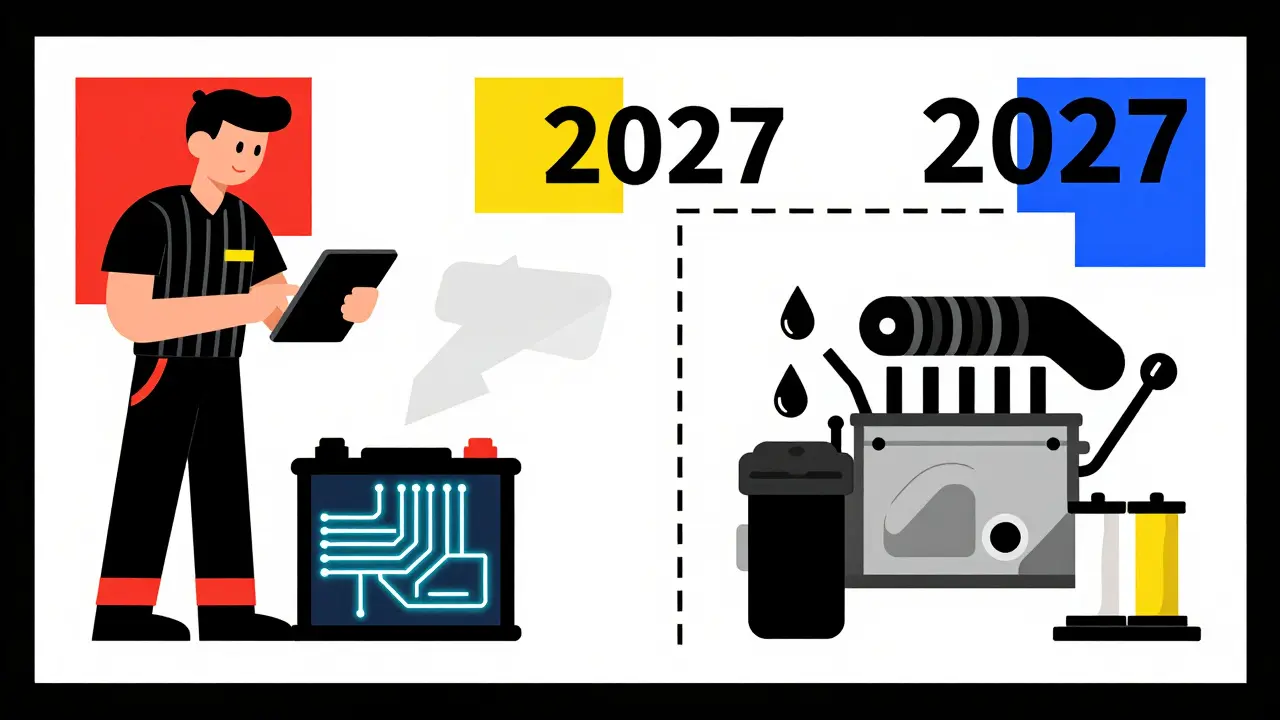 Scena divisa: meccanico che controlla una batteria elettrica e motore tradizionale, stile De Stijl.