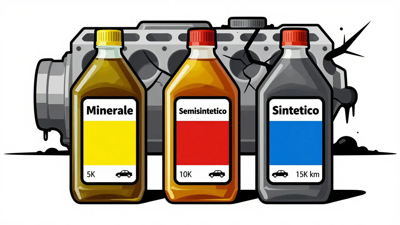 Tre bottiglie di olio con chilometraggi diversi su fondo a linee geometriche, motore rotto sullo sfondo.