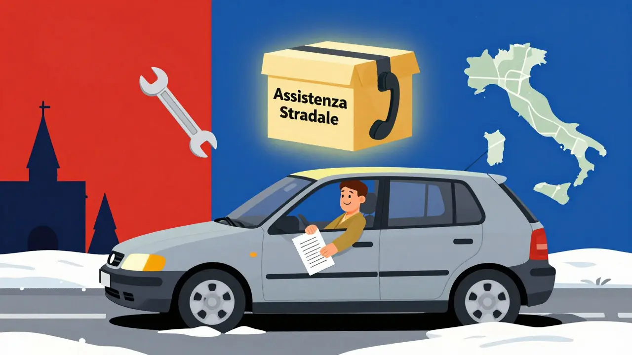 Auto in panne in Europa con assistenza stradale attiva, stile De Stijl.