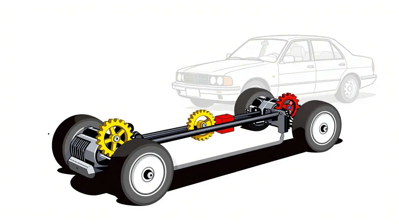 Barra stabilizzatrice attiva con motore elettrico e ingranaggi, stile De Stijl, auto bilanciata in curva.