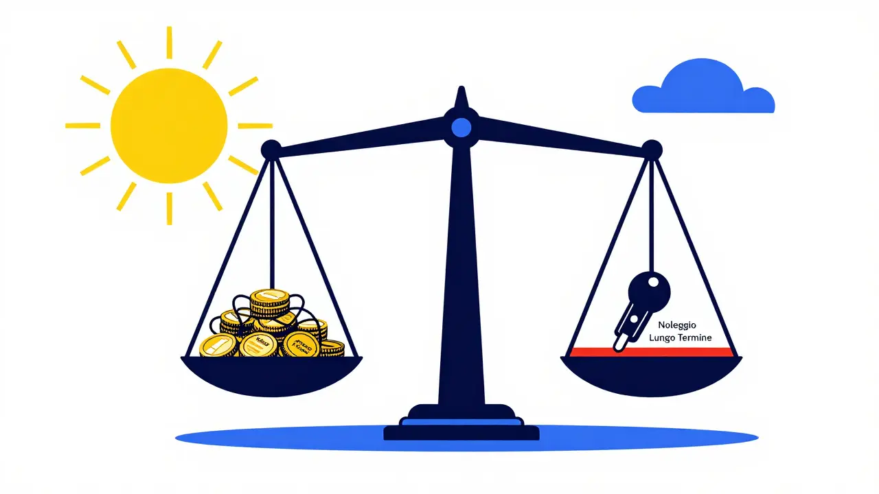 Bilancia che equilibra polizza privata costosa con noleggio a lungo termine trasparente e conveniente.