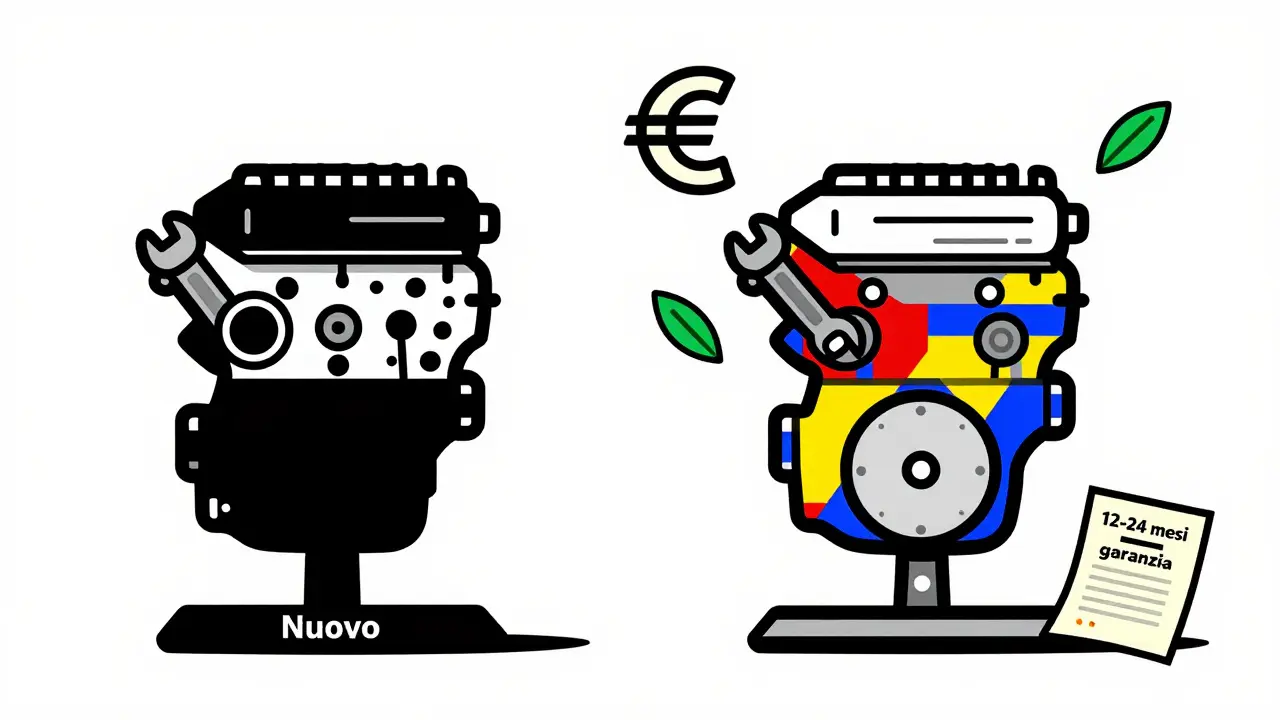 Comparison of new and regenerated car engine parts on a scale, with green leaf and euro symbol, in bold De Stijl style.
