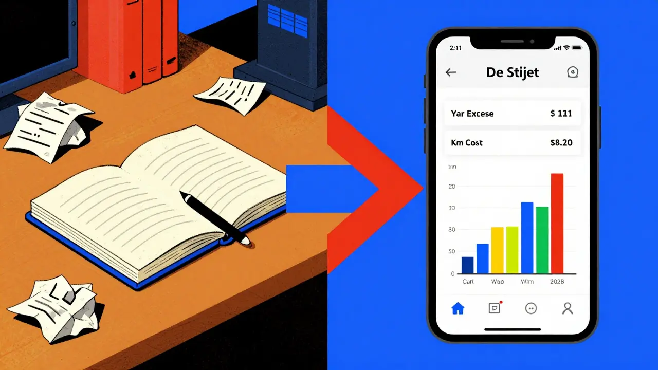Confronto tra caos di receipt e interfaccia app ordinata in stile geometrico De Stijl, con frecce colorate che collegano i due mondi.
