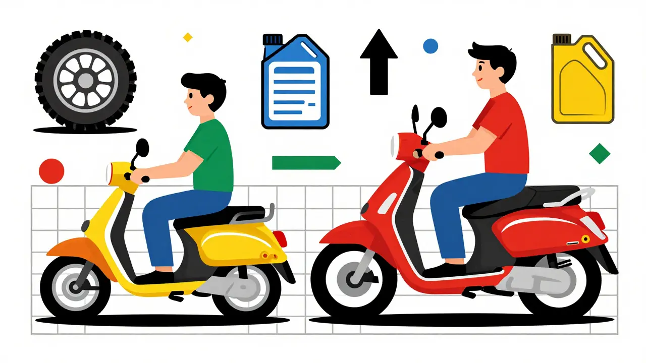 Confronto tra due scooter con costi annuali rappresentati in forme geometriche primarie.