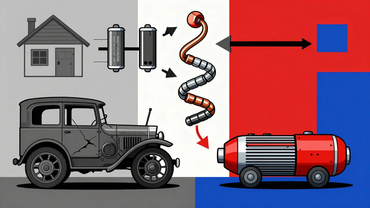 Confronto tra motore termico e motore elettrico con flussi di riciclo in stile De Stijl.