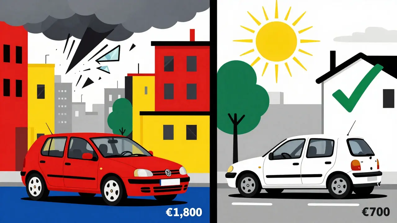 Confronto tra un'auto costosa in una città pericolosa e una auto economica in una zona tranquilla, con prezzi assicurativi diversi.