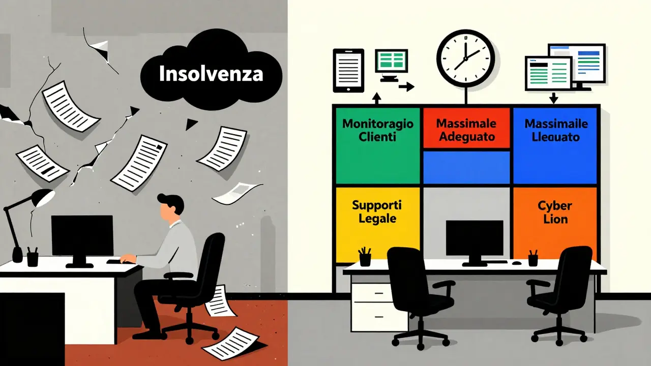 Confronto tra un'azienda in crisi e la stessa azienda protetta da una rete assicurativa digitale e personalizzata, in stile De Stijl.