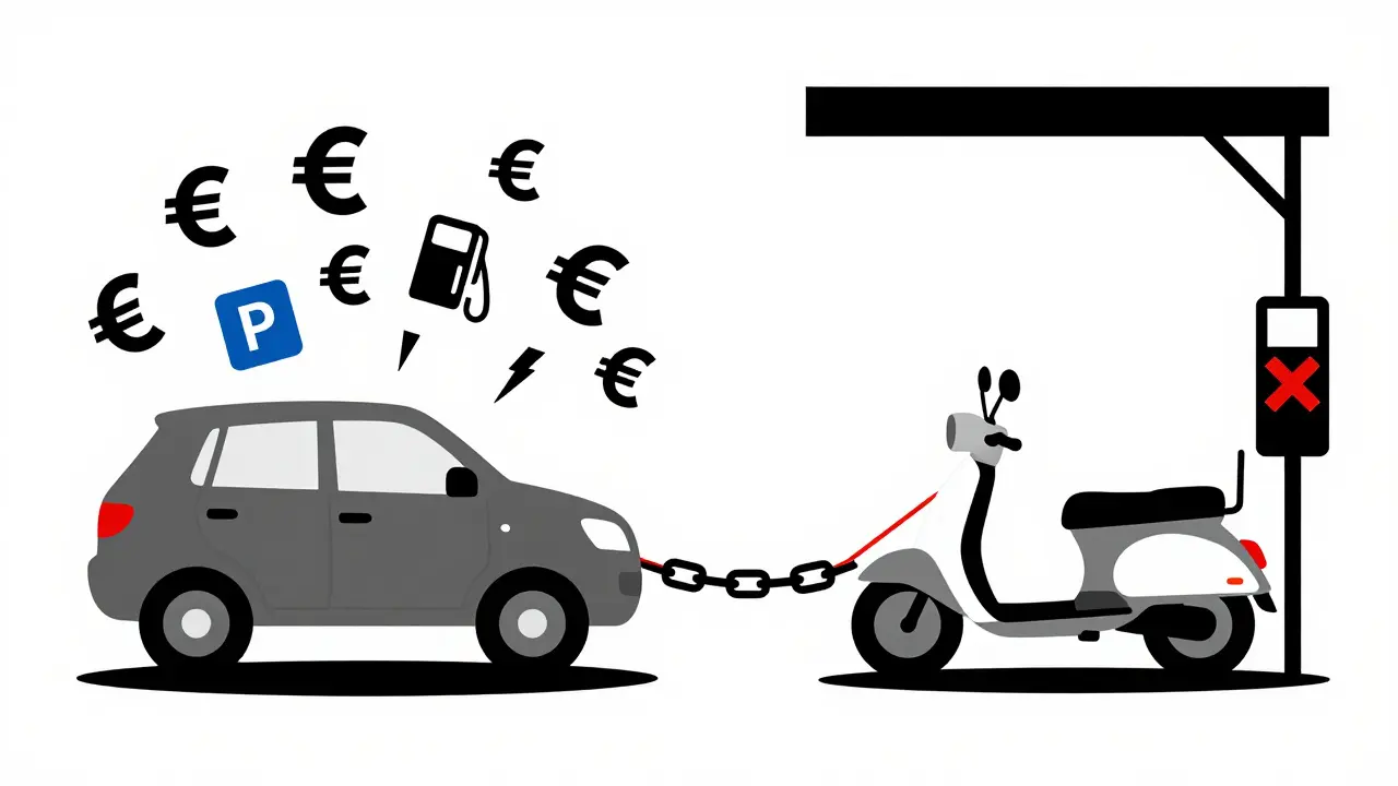 Confronto visivo tra costi elevati di un'auto e costi minimi di uno scooter, rappresentato con forme geometriche e colori primari.